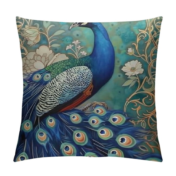 Nawypu Teal Peacock Throw Pillow Covers, Watercolor Blue Teal Vintage Turquoise Peacock Gifts Microfiber Fabric Decoration Pillowcases Home Sofa Couch Bed Decor Square