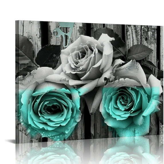 Nawypu Teal Rose Flowers Canvas Prints Black and White Wall Art Turquoise Floral Pictures for Home Bedroom Bathroom Decoration