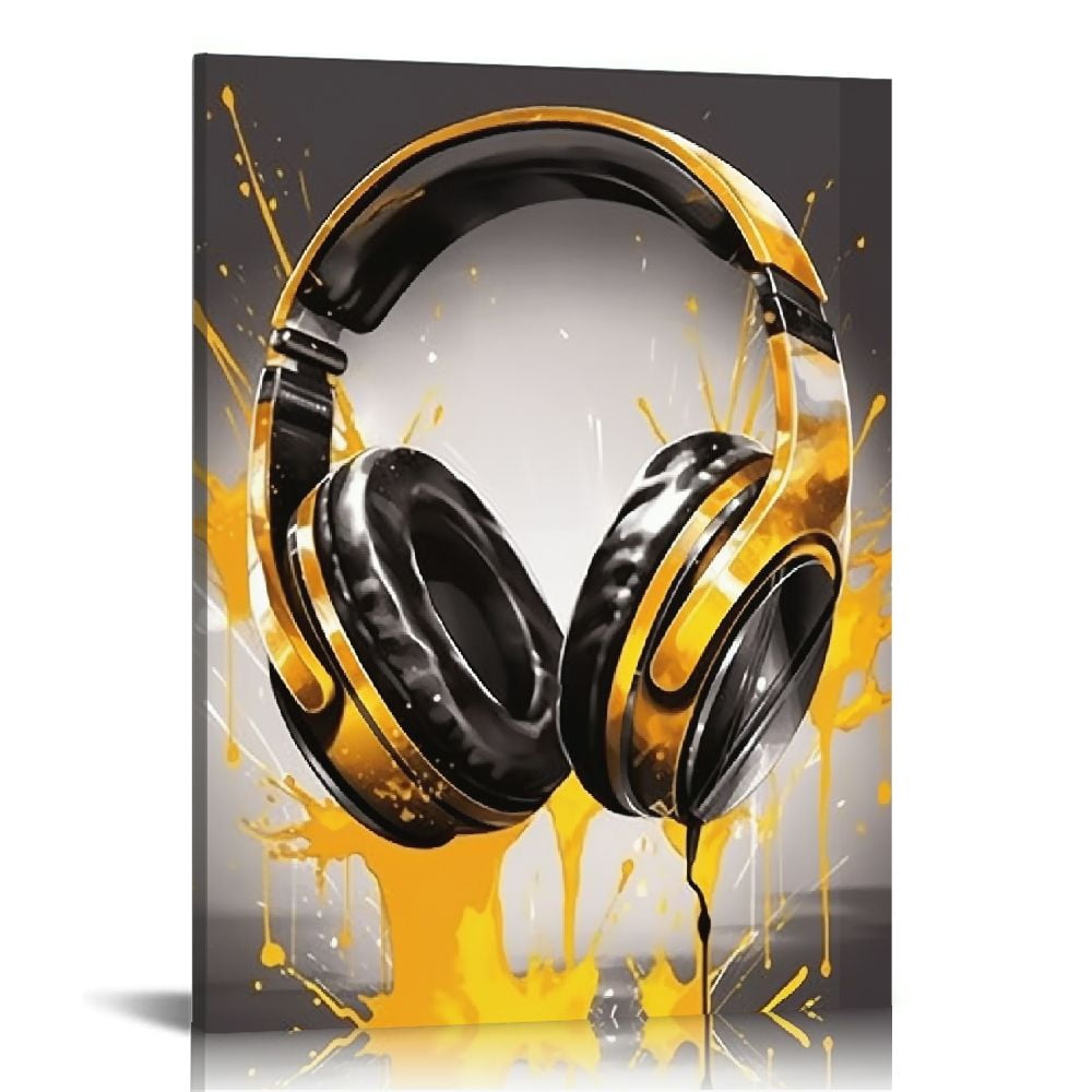 Nawypu  Teen Game Wall Decor Modern Graffiti Wall Art Black Gold Gamepad Headphones Canvas Print Boys Playroom Poster Street Game Painting Bedroom Dorm Game Room Man Cave Home Decor