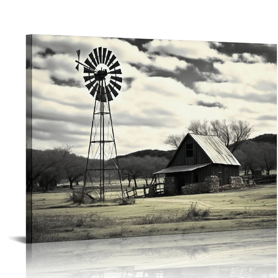 Nawypu Texas Farmhouse Picture Wall Art Black White Canvas Art Countryside Barn Rustic Windmill Painting Farm Landscape Poster Artwork for Home Living Room Decor Framed