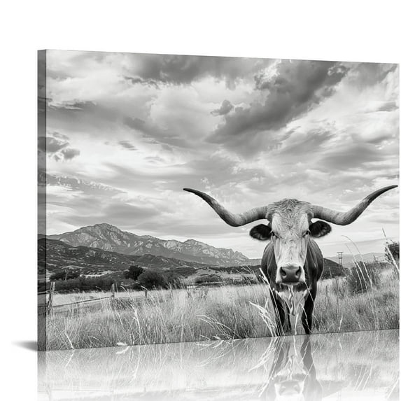 Nawypu Texas Longhorn Cow Canvas Wall Art - Framed Animal Print Home Decor Wall Art - Farmhouse Decor - Animal Print For Office - Wild West (Black and White Longhorn, )