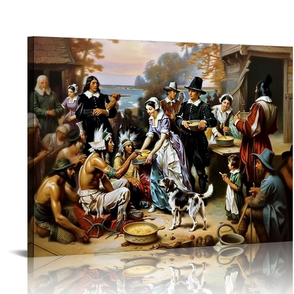 Nawypu Thanksgiving Pilgrims Indians Poster Canvas Print Wall Art Modern Bedroom Room Aesthetics Decoration Boys Women Gift Framed