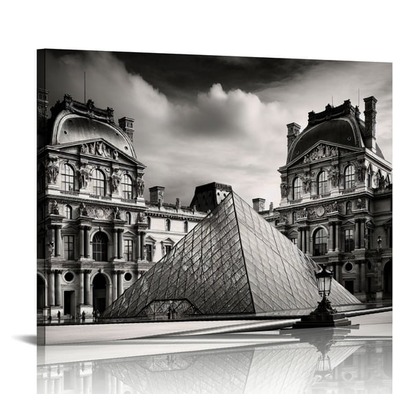 Nawypu The Louvre Pyramid - B&W Photography - 48x16 Gallery Wrapped Canvas Wall Art B&W