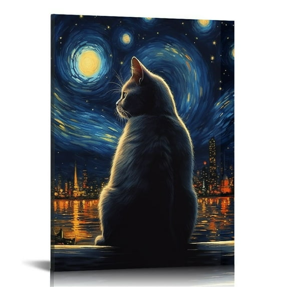 Nawypu  The Starry Night Cat Canvas Wall Art Famous  Black Cat Poster Funny Cat Print Colorful Abstract Farmhouse Gallery Aesthetic Room Wall Decor for Bedroom