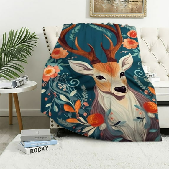 Nawypu Thin Beautiful Pattern Print Fuzzy Soft Flannel Deer Throw Blanket, Blue Orange Animal Blanket for Men Women and Kids for Couch Bed Travel