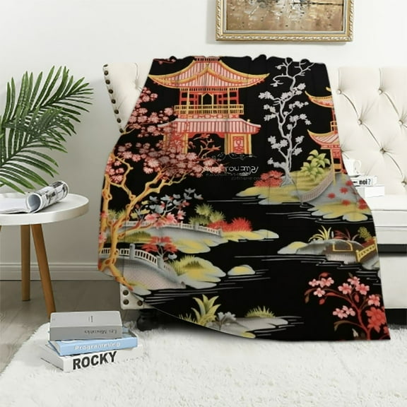 Nawypu Throw Blanket Charcoal Coral Pagoda Flannel Blanket Chic Asian Blanket Asian Pagoda and Red Flower Blankets for Bed Cozy Decorative Blankets & Throws
