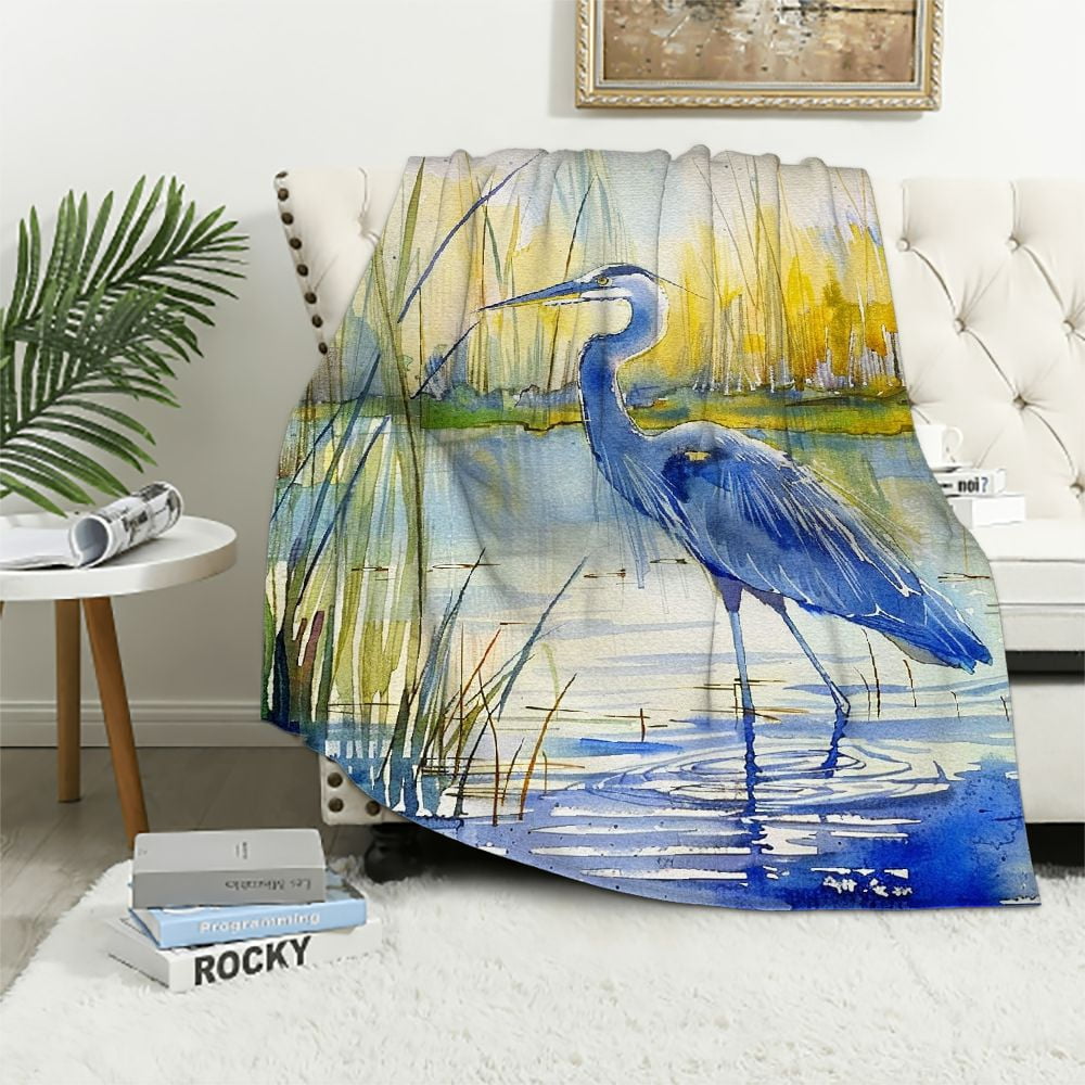Nawypu  Throw Blanket Heron Watercolor Blue Heron Crane Bird Animal Wildlife Leaves Water Nature Cozy Throw Blanket for Couch Bed Sofa Car Soft Throw Blanket Flannel