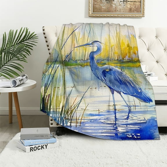 Nawypu Throw Blanket Heron Watercolor Blue Heron Crane Bird Animal Wildlife Leaves Water Nature Cozy Throw Blanket for Couch Bed Sofa Car Soft Throw Blanket Flannel