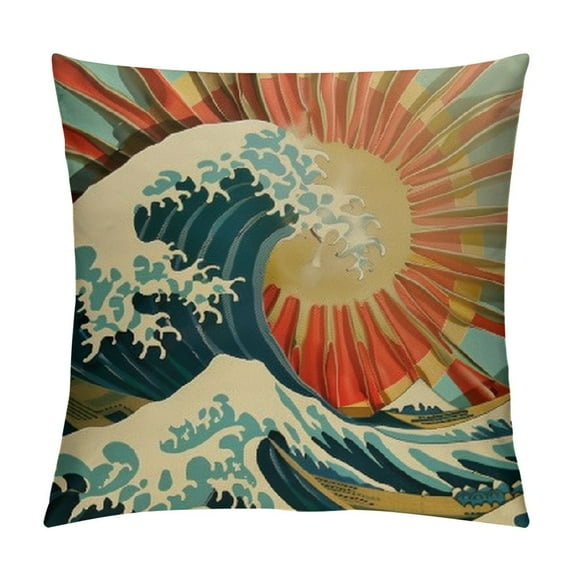Nawypu Throw Pillow Cover Blue Surf Sea Waves Vintage of Nature with Sun Retro Beach Decorative Pillow Case Home Decor Square Pillowcase