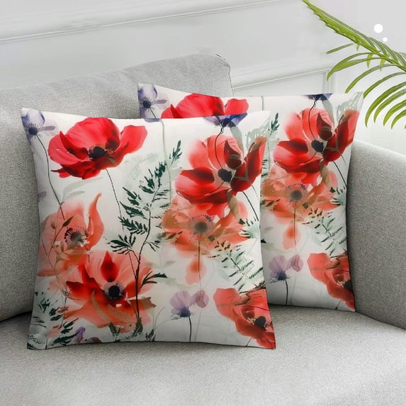 Nawypu Throw Pillow Cover Decorative Pillowcase Cushion Cover Soft 2pcs Poppy Flower Square Pillow Sham for Home Bed Living Room Decor Orange 20x20in