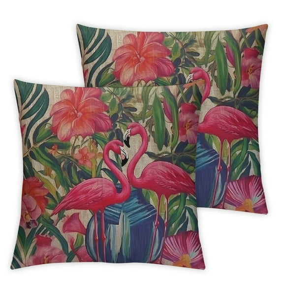 Nawypu Throw Pillow Cover Decorative Pillowcase Red Leaves Watercolor Painting Exotic Lily Animals Wildlife Birds Green Astromelia Begonia Deep Square 2pcsCushion Case  for Couch Bed Car
