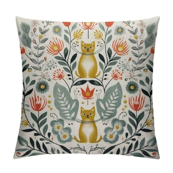 Nawypu Throw Pillow Cover Funny Folk Cartoon Cats Birds and Flowers Square Decorative Throw Pillow Cushion Case for Home Couch Living Room Bed Sofa Car Pillowcase