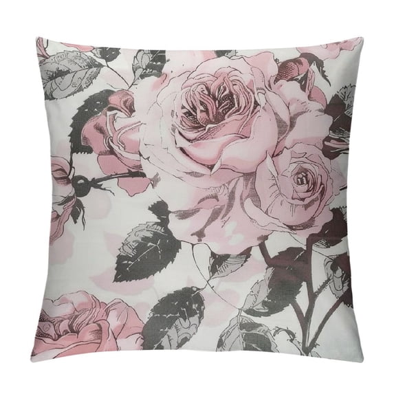Nawypu Throw Pillow Cover Gray Abstract with Pink Flowers and Leaves on White Watercolor Floral Pattern Rose in Pastel Color Decorative Pillow Case Home Decor Square Pillowcase