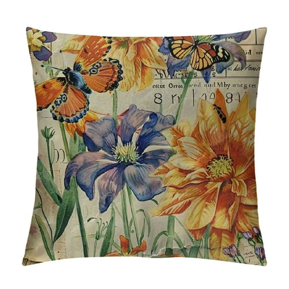 Nawypu  Throw Pillow Cover Orris Flower with Vintage Butterfly Stamp Retro Letter Violet Yellow Green Home Decorative Pillow Cases  Square Cushion Covers for Sofa Couch
