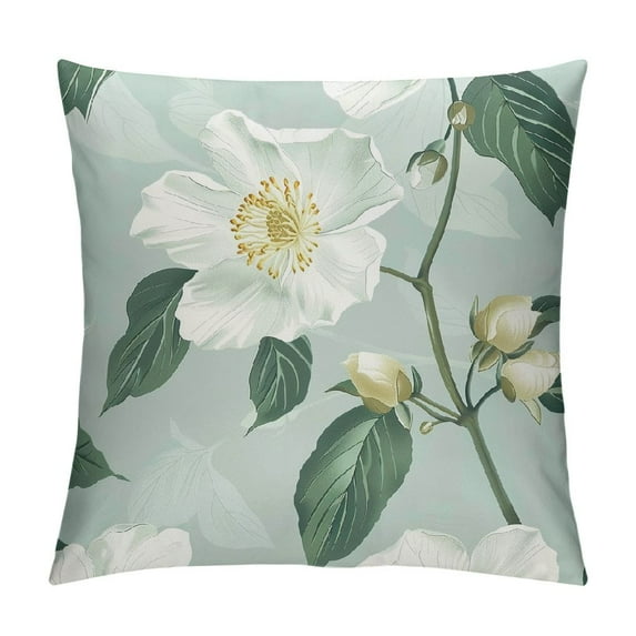 Nawypu Throw Pillow Cover Texture Twig Jasmine Flowers Leaves Watercolor Flower Green Object Design Summer Paper Home Decor Pillowcase Square Cushion Cover for Sofa Couch Bed Garden Office