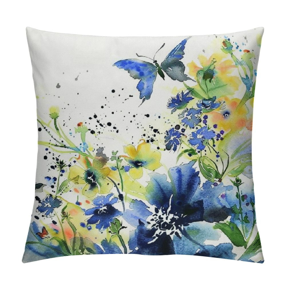 Nawypu Throw Pillow Cover Watercolor Floral Wildflowers Blue Yellow