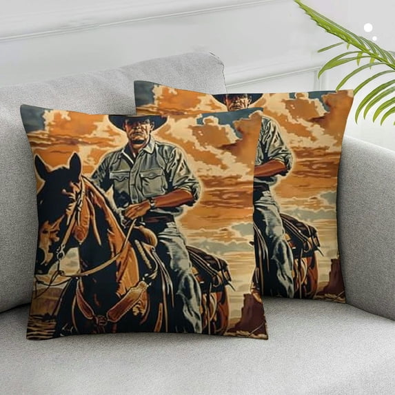 CMMY Throw Pillow Cover Western with Cowboy Sitting Rearing Horse in Retro Style Rider American Decorative Pillow Case Home Decor Square Pillowcase 2pcs White