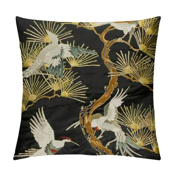 Nawypu Throw Pillow Covers Asian Dancing Oriental Cranes Japanese Writing Vintage Geometric Pattern Black Gold White Decorative Pillow Cases Home Decor Square Pillowcases