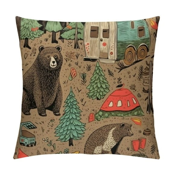 Nawypu Throw Pillow Covers Camp Funny Map with Nature Landscape Camping and Cute Animals in The Forest Home Decor Pillowcase