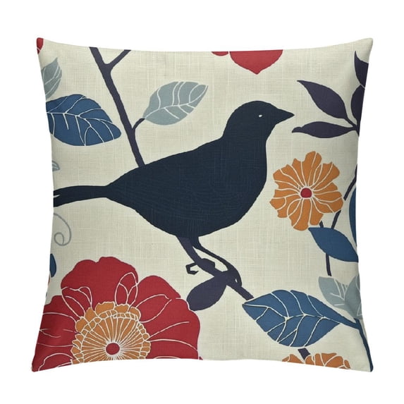 Nawypu Throw Pillow Covers Canvas Floral Cartoon Shadow Bird Silhouette Cushion Cases for Couch Sofa Home Decoration Navy Blue Bird Red Flower