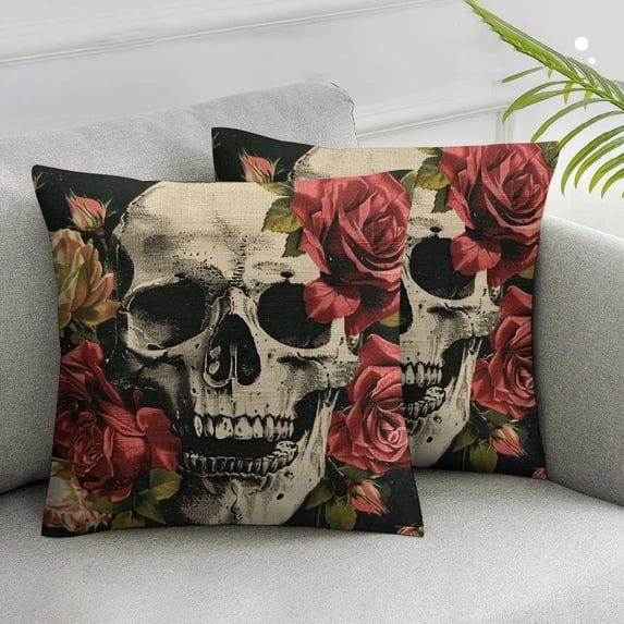 Jiayy Throw Pillow Covers Home Decor Set of 2 Pillow Cases Skeleton Decorative Cushion Couch Sofa Pillowcases Skulls Red Roses Flower Pirate