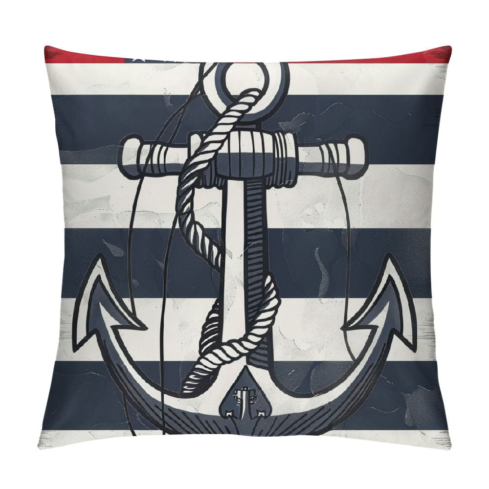 Awypu Throw Pillow Covers Nautical Navy Anchor Navy Stripe Ocean Theme