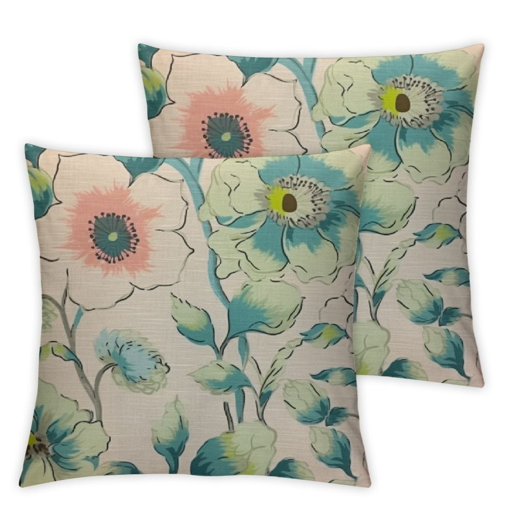 Nawypu Throw Pillow Covers Peonies Teal Pattern Watercolor Like Floral Begonia Green Pastel