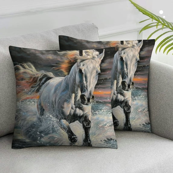Nawypu Throw Pillow Covers White Horse with Long Run Snow Dark Pastel Art Portrait Canvas Classic Animal for Living Room Bedroom Sofa Set of 2