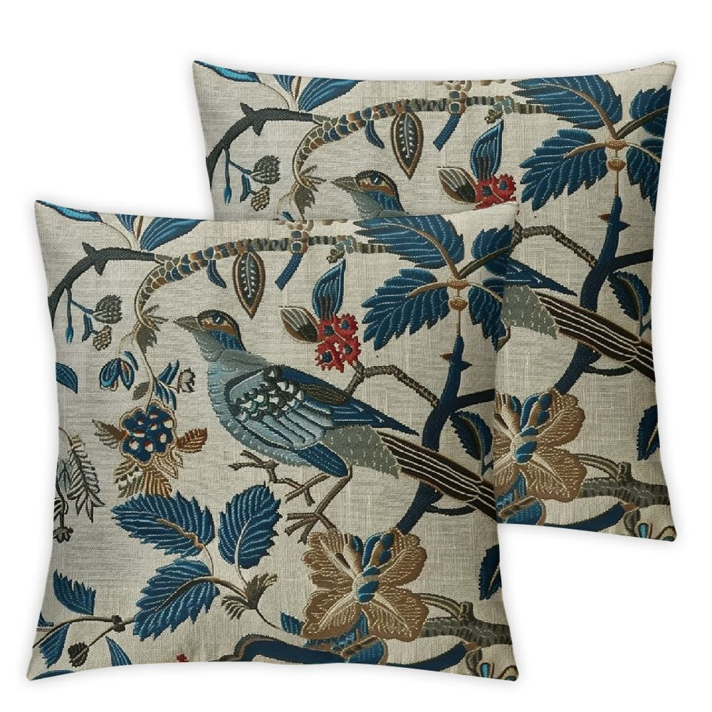 Nawypu Throw Pillow Covers of Thibaut Blue Peacock Bird Beige Oil