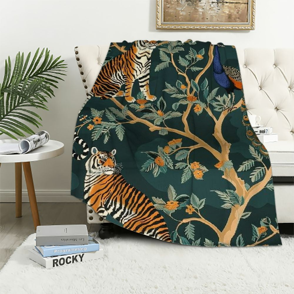 Nawypu Tiger and Peacock Throw Blanket Soft Cozy Fluffy Flannel Throws