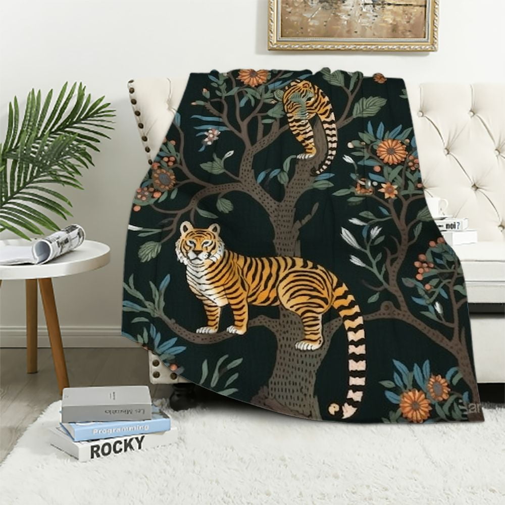 Nawypu Tiger and Peacock Throw Blanket Soft Cozy Fluffy Flannel Throws