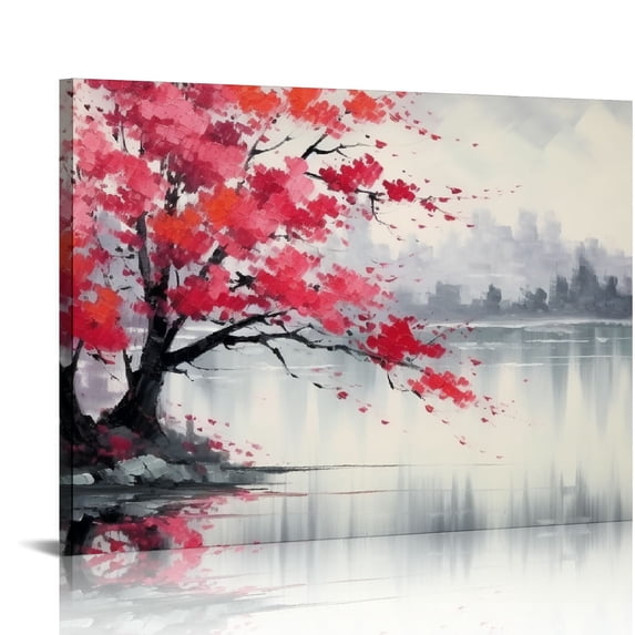 Nawypu Traditional Chinese Painting Pink Plum Blossom Canvas Wall Art Modern Black and White Landscape Artwork