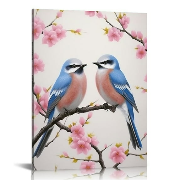Nawypu Traditional Chinese Painting of Birds on Peach Trees Canvas Prints Framed Peach Blossom Wall Art Plum Flowers Print Painting