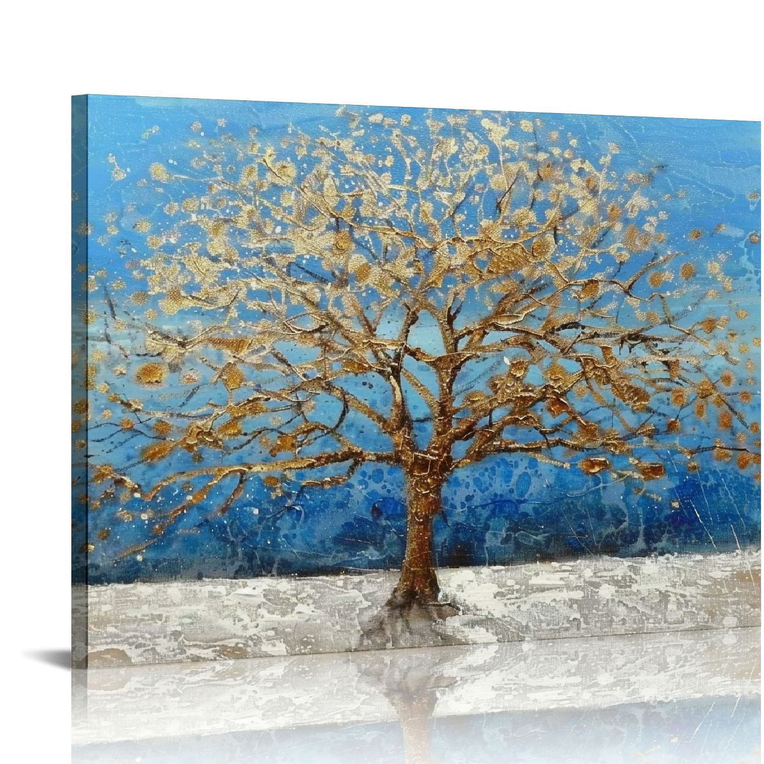 Nawypu Tree Canvas Wall Art - Blue and Gold Forest Paintings with ...
