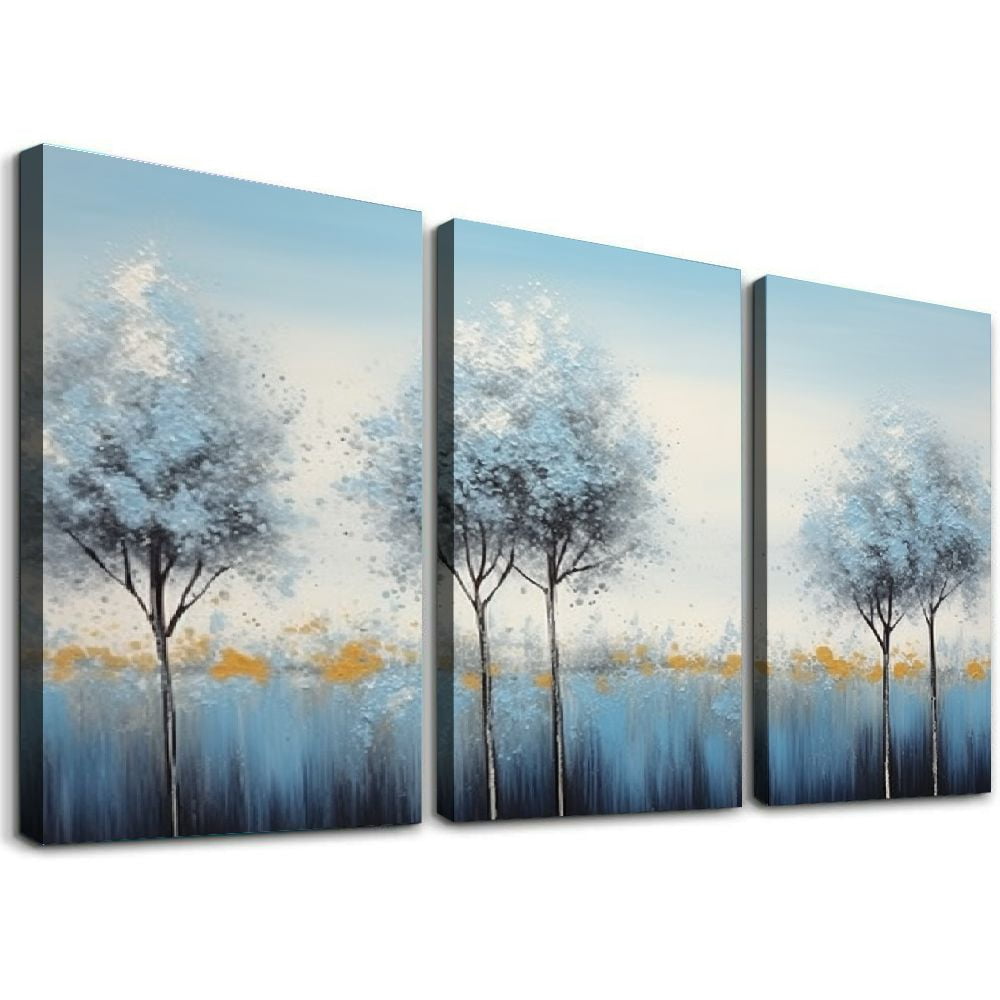 Nawypu Tree Wall Art Canvas Teal Landscape Painting Blue Forest ...