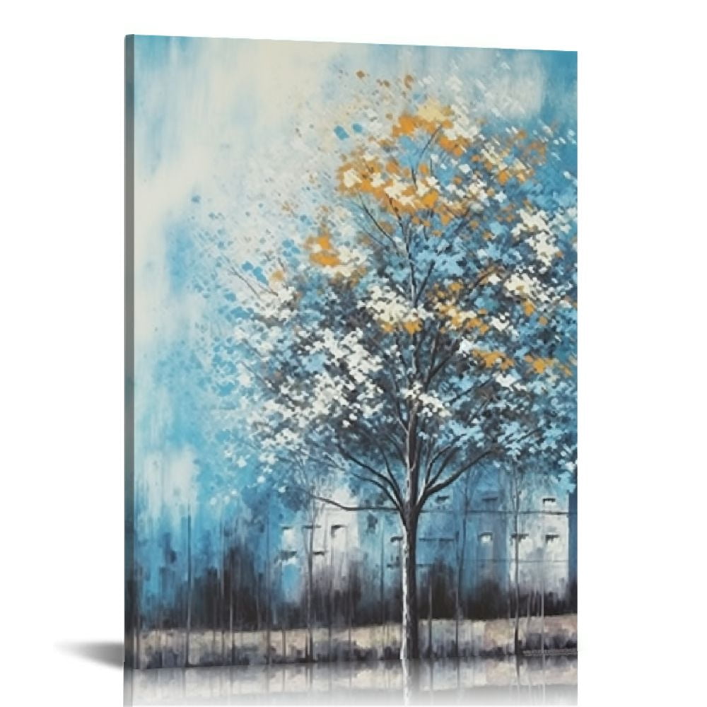 Nawypu Tree Wall Art Canvas Teal Landscape Painting Blue Forest ...
