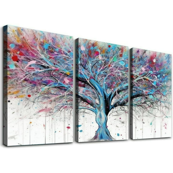 Nawypu Tree Wall Art for Living Room, Blue Abstract Canvas Wall Decor for Bedroom, Graffiti Print Painting Picture Decoration, Size 12''x16''X3 Panels
