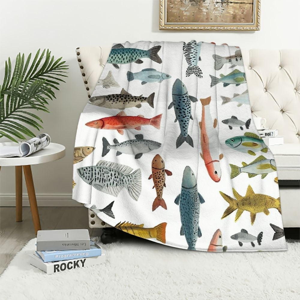 Nawypu Trendy Flannel Throw Blanket, Watercolor Few Freshwater Fish