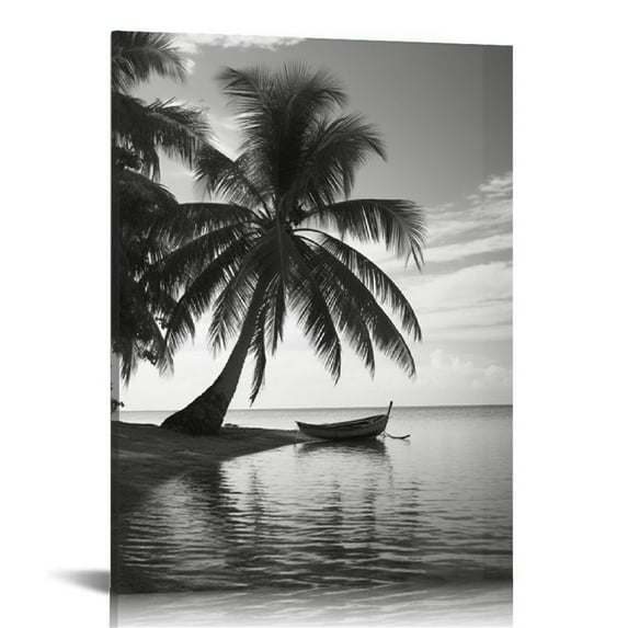 Nawypu Tropical Palm Tree Canvas Wall Art Black and White Villa Beach Landscape Picture Painting Giclee Printed for Bathroom Wall Decoration Stretched and Framed Ready to Hang 16x20 inch
