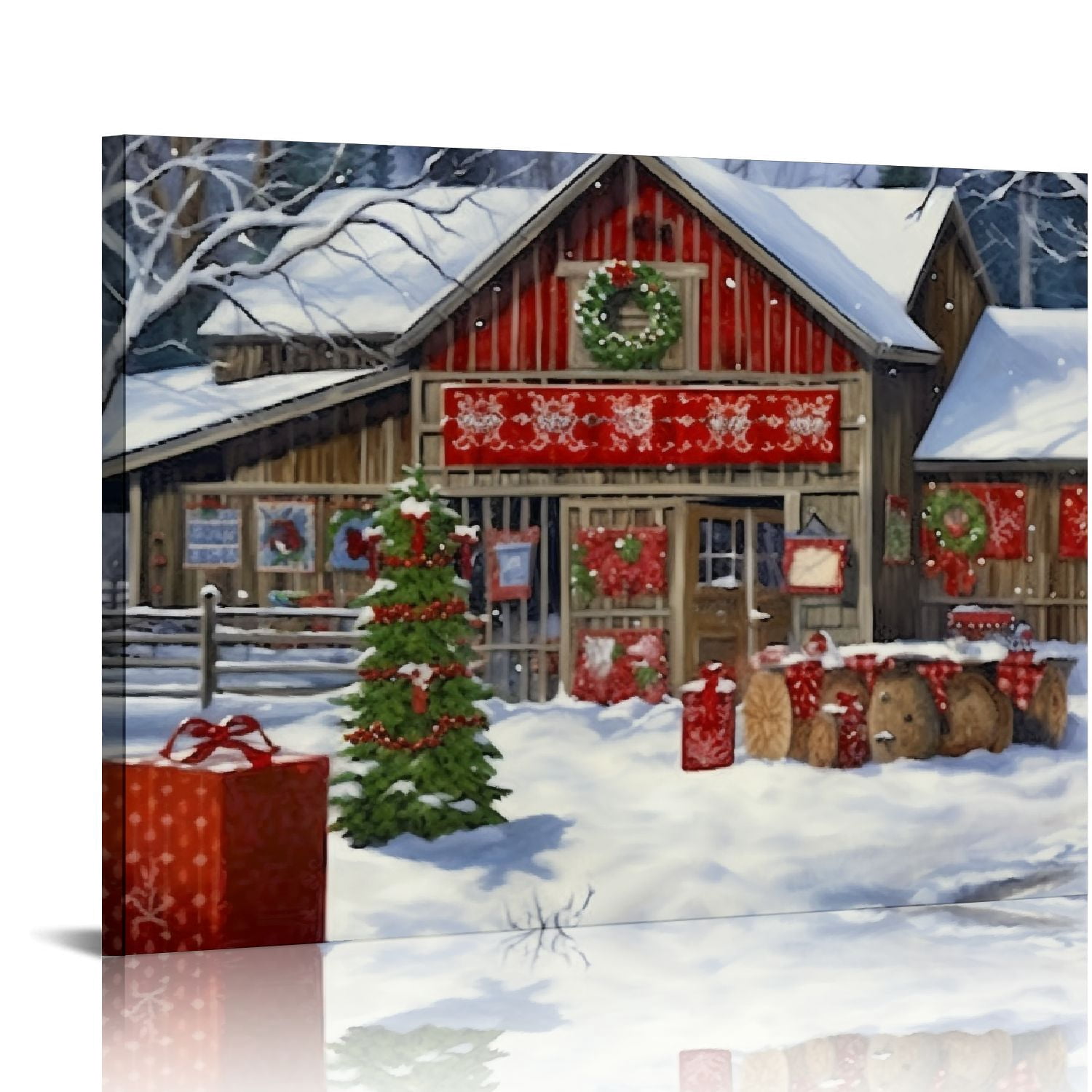 Nawypu Two Piece Christmas Barn Canvas Wall Art Print Set, Farmhouse ...