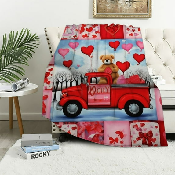 Nawypu Valentine Blanket Throw,Valentine Gifts for Women,Valentine Day Gifts Blanket,Valentine Heart Red Truck Blanket,Cozy Valentine Themed Gifts for Women Blanket Sofa Couch Beds Decor