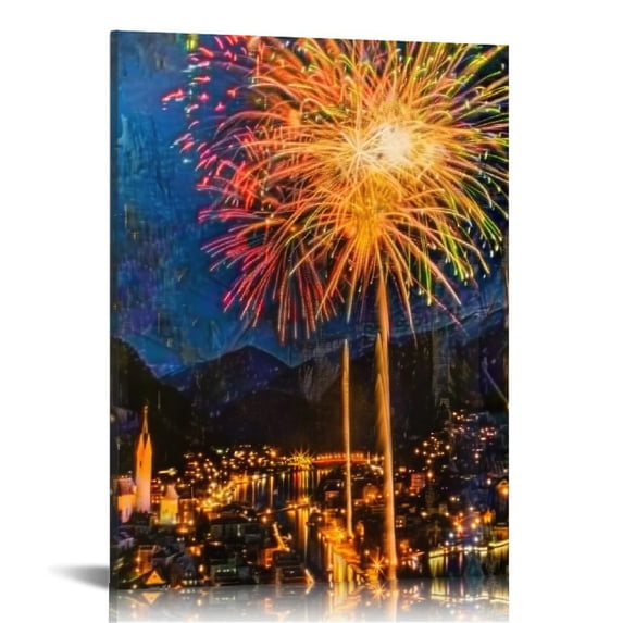 Awypu Verbier, Switzerland Nightlife New Years eve Fireworks Snow Villages Wall Art Background Decor Pictures Print On Canvas Art Stretched and Framed Perfect Home Decoration