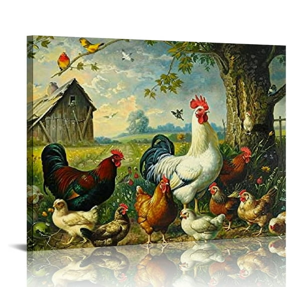 Nawypu Village Rooster and Chickens Picture on Stretched Canvas, Wall Art Décor, Ready to Hang!