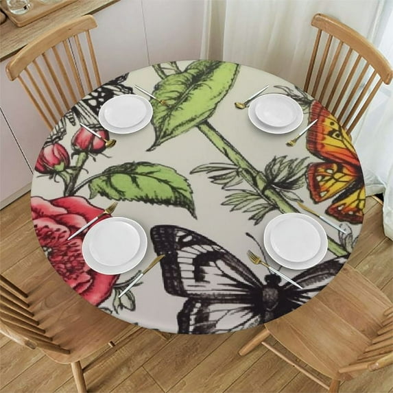 Nawypu Vintage Art Butterfliy Flower, Elastic Fitted Edged Round Tablecloth Waterproof Anti-Shrink Soft Polyester Table Cloth Washable Table Cover for Banquet Home Indoor or Outdoor