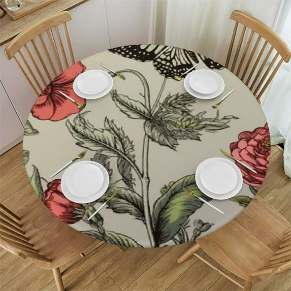 Nawypu Vintage Art Butterfliy Flower, Elastic Fitted Edged Round Tablecloth Waterproof Anti-Shrink Soft Polyester Table Cloth Washable Table Cover for Banquet Home Indoor or Outdoor