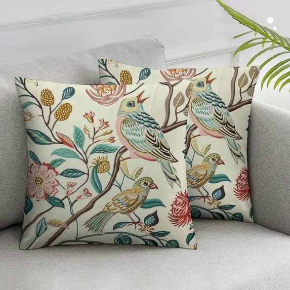 Nawypu Vintage Bird Floral Pillow Covers 2pcs Pink Green Yellow Flower Leaves Decorative Throw Pillows For Couch Chinoiserie Cases Farmhouse Home Decor Sofa Bed Porch Outdoor White