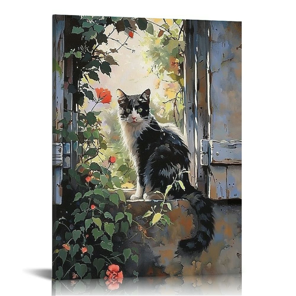 Nawypu Vintage Black Cat Canvas Wall Art, Funny Monet Cat Famous Prints ...