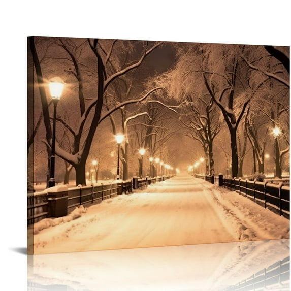 WERPE Vintage Canvas Print Art Snowy Central Park Wall Pictures Giclee Print on Canvas Sepia New York City Winter Landscape Poster Stretched for Living Room Easy to Hang 20x16 inch