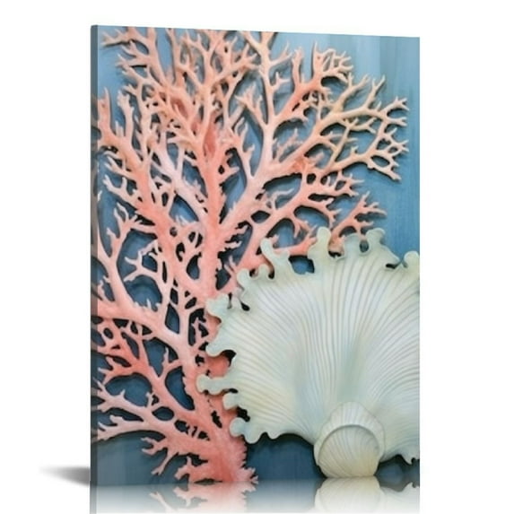 Nawypu  Vintage Coastal Artwork Canvas Wall Art Shell Starfish Coral Conch Natural Picture for Bathroom Kitchen Bedroom Decor Stretched and Framed Ready to Hang