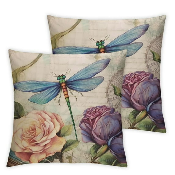 Nawypu  Vintage Floral Throw Pillow Covers Set of 2 Dragonfly Butterfly Decorative Cushion Case for Home Sofa Couch Chair Bedroom, 2pcs